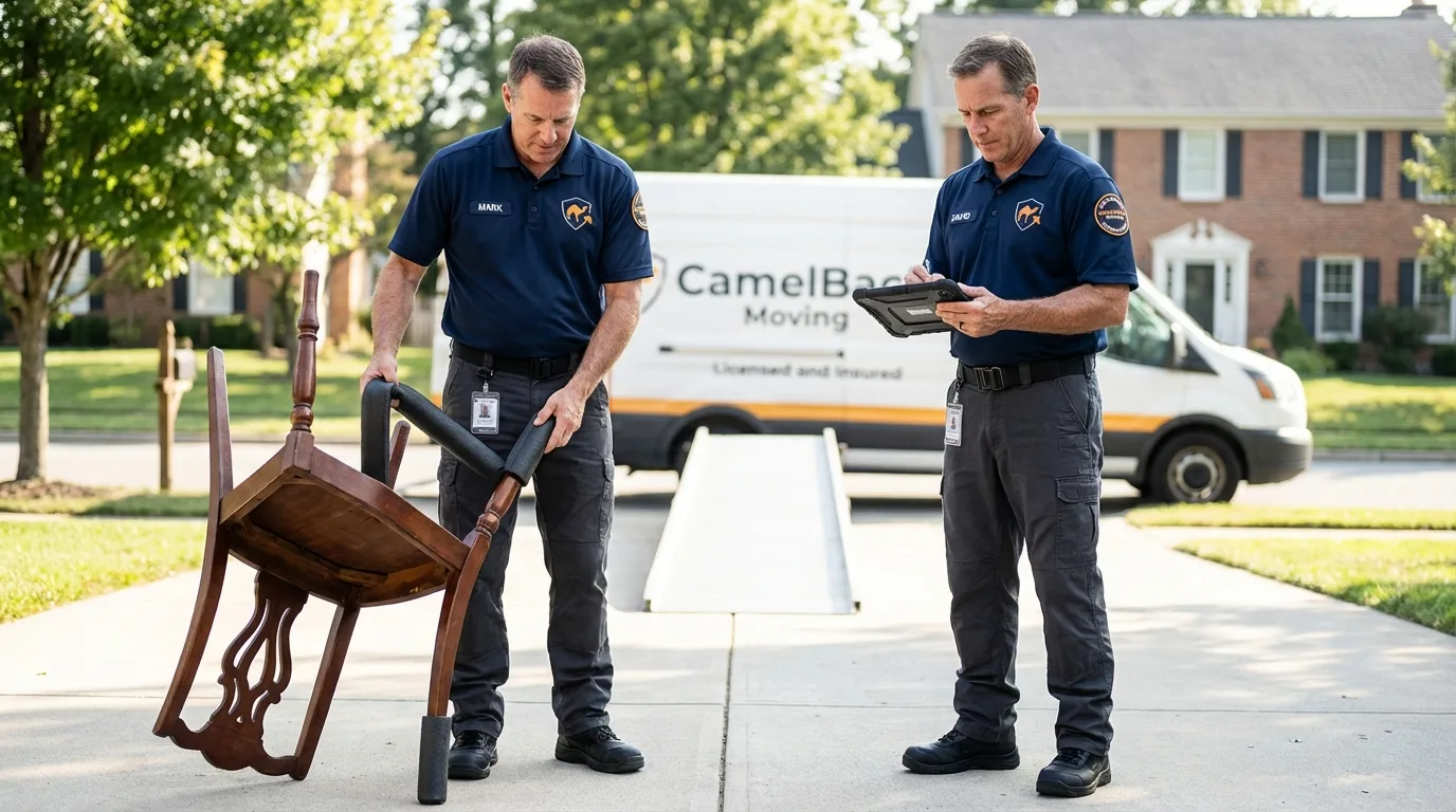 Movers inspecting furniture for damage prevention before loading in Alderson, WV