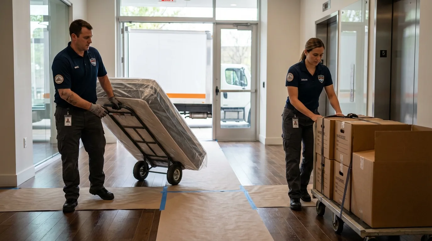 Professional apartment movers loading elevator in Alderson, WV
