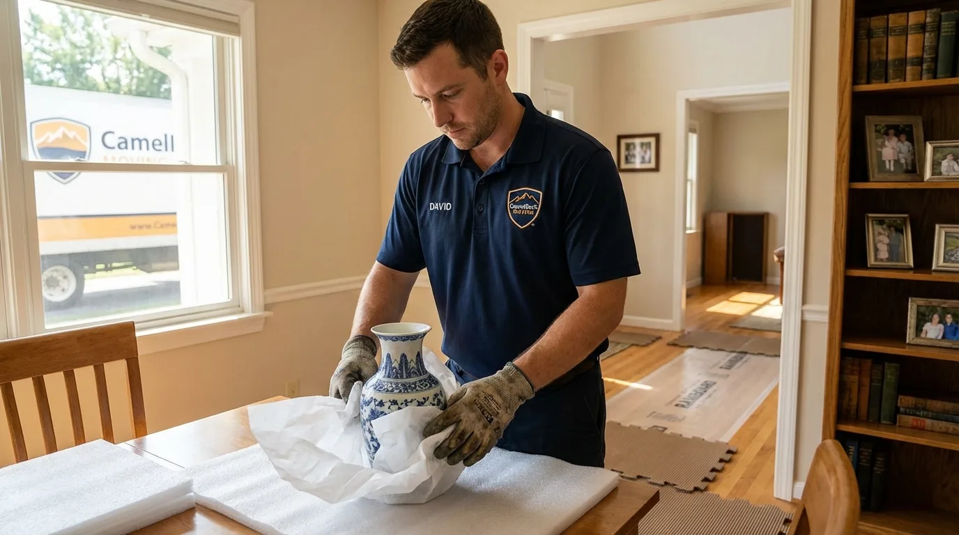 Professional crew carefully wrapping antique vase for senior downsizing move in Alderson, WV